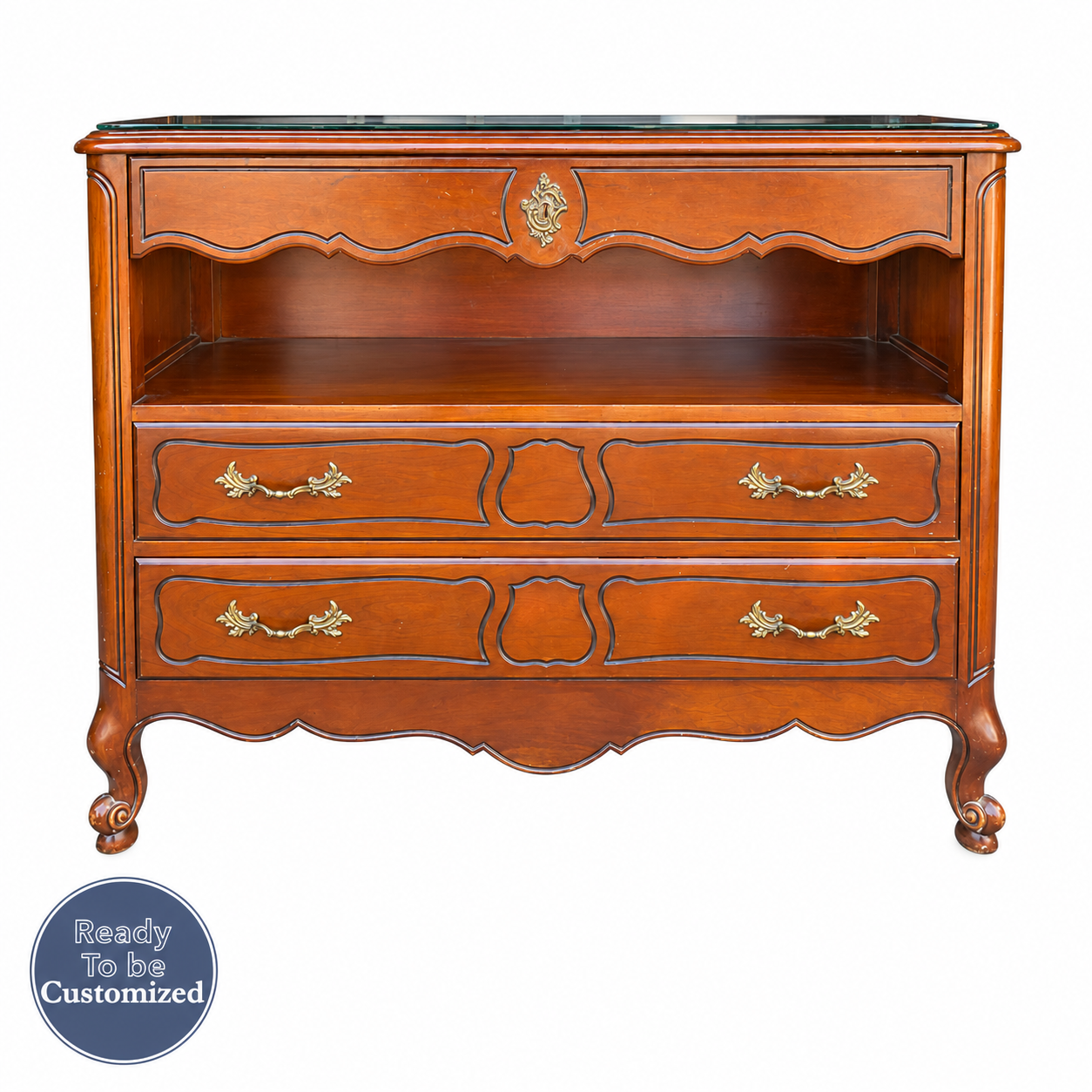 Drexel vintage dresser #08985 — straight-on-badge