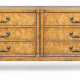 Vintage dresser #09021 — level straight-on six-drawer front, original unfinished burl veneer