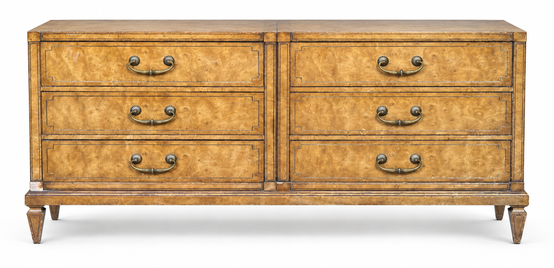 Vintage dresser #09021 — level straight-on six-drawer front, original unfinished burl veneer