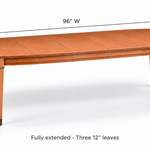 SKU 09027 Century dining table dimensions fully extended — 96 inches wide, 44 inches deep, 30 inches high, three 12-inch leaves