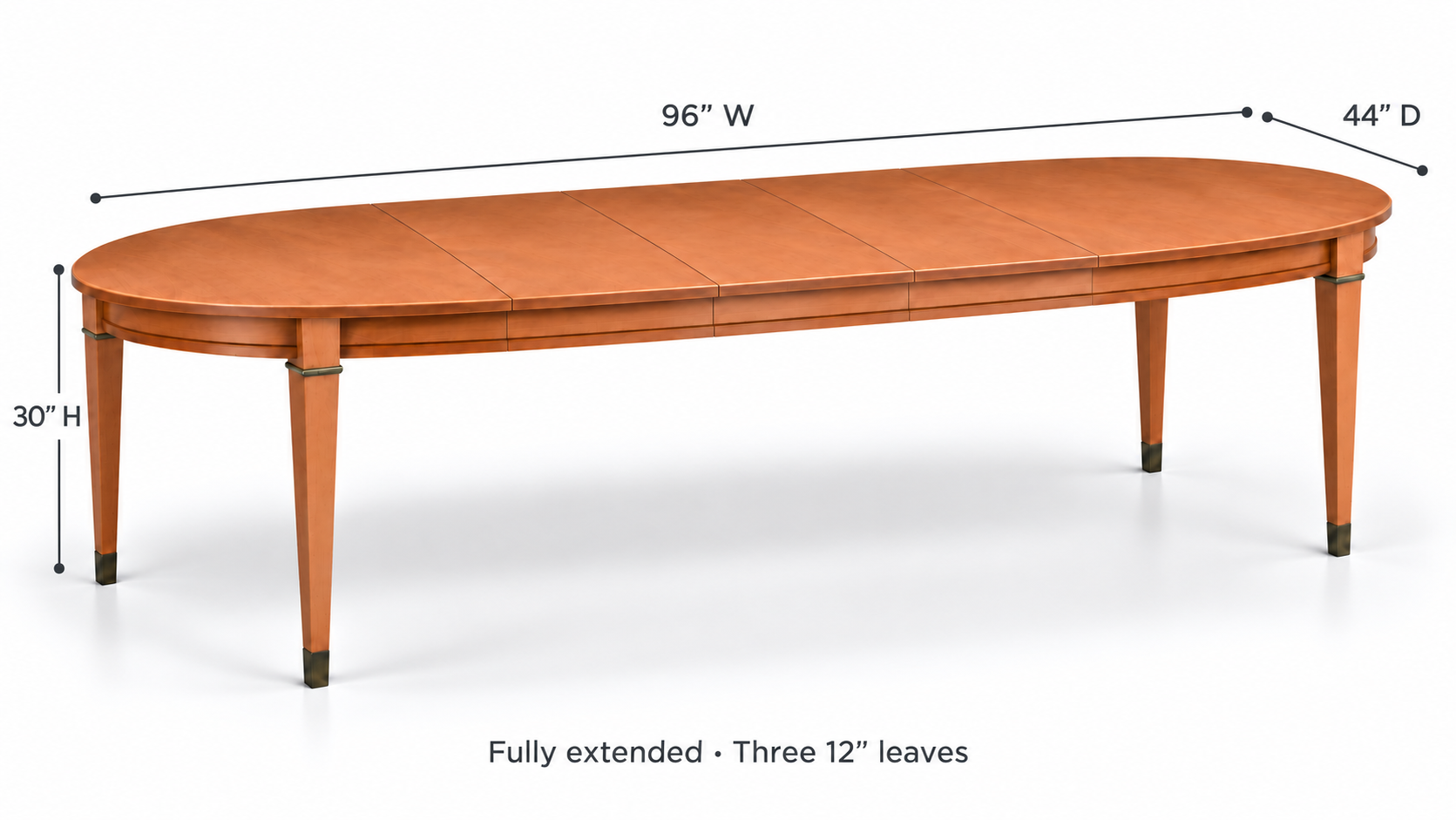 SKU 09027 Century dining table dimensions fully extended — 96 inches wide, 44 inches deep, 30 inches high, three 12-inch leaves