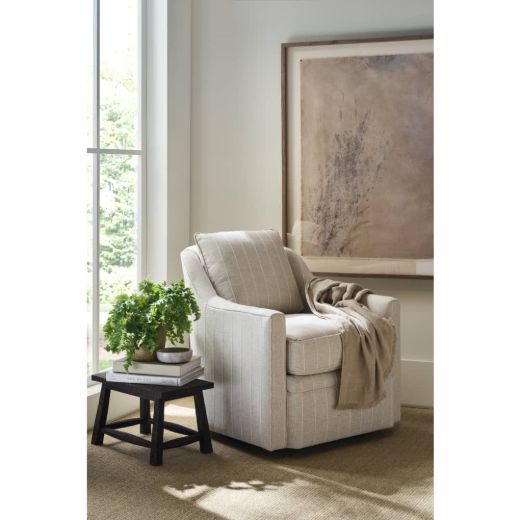 Rowe Hollins swivel chair H201-EDP-2 in RA251-19 striped fabric — original Rowe lifestyle photograph