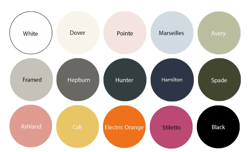 MegMade in-house paint color card with all 15 color names