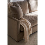 Manufacturer close-up of Lilah sofa arm, seat cushion and pillows in Straw fabric 20043-28.